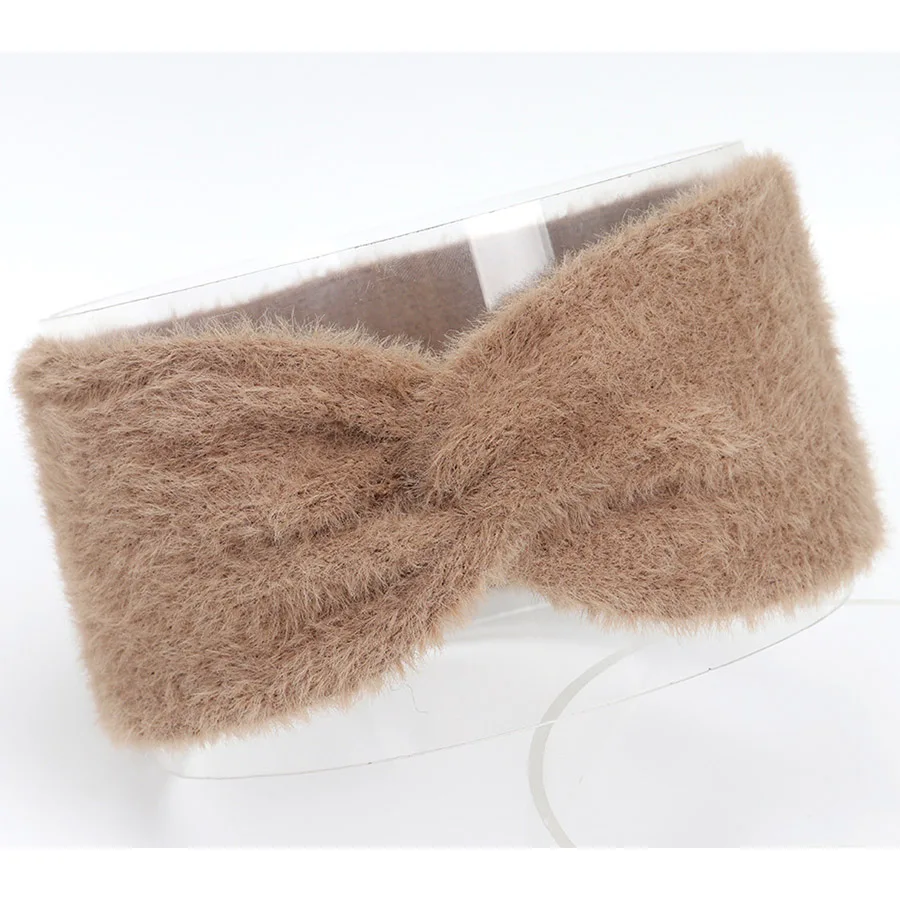 Haimeikang Knot Headbands Autumn Winter Imitation Mink Cashmere Solid Fluffy Bow Hairbands Simple Handmade Warm Women's Headband - Color: khaki