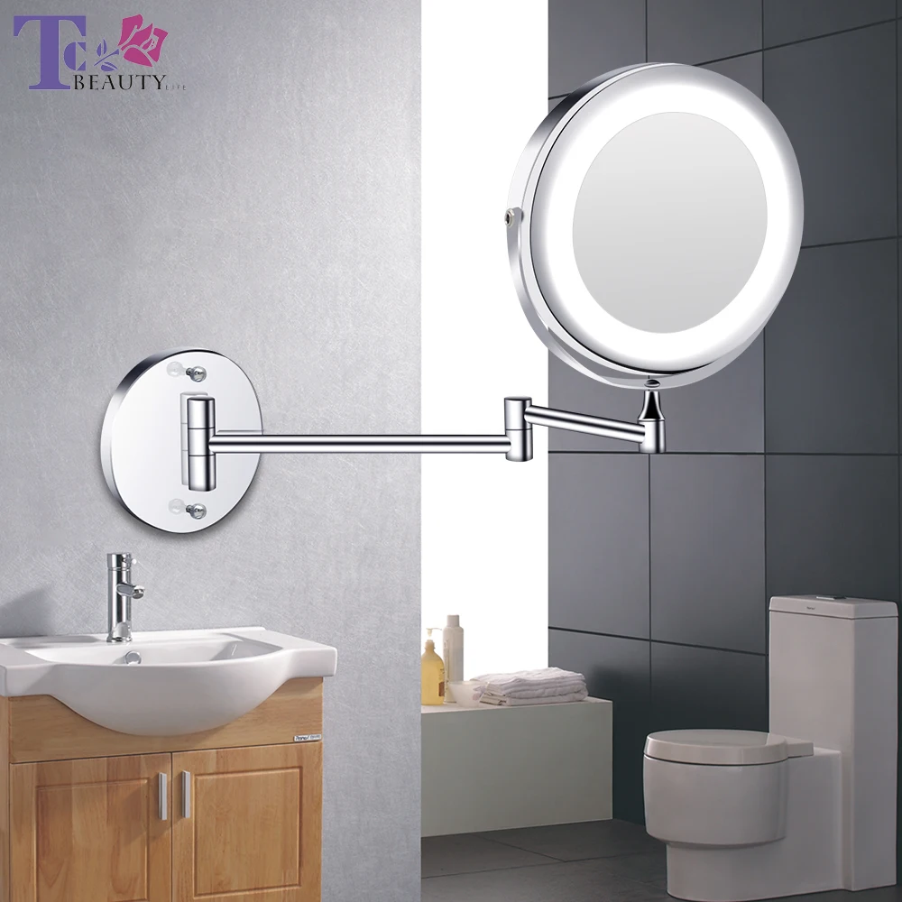 Led Makeup Mirror With Light Folding Wall Vanity Mirror 1x 10x Magnifying Double Sided Touch Bright Adjustable Bathroom Mirrors