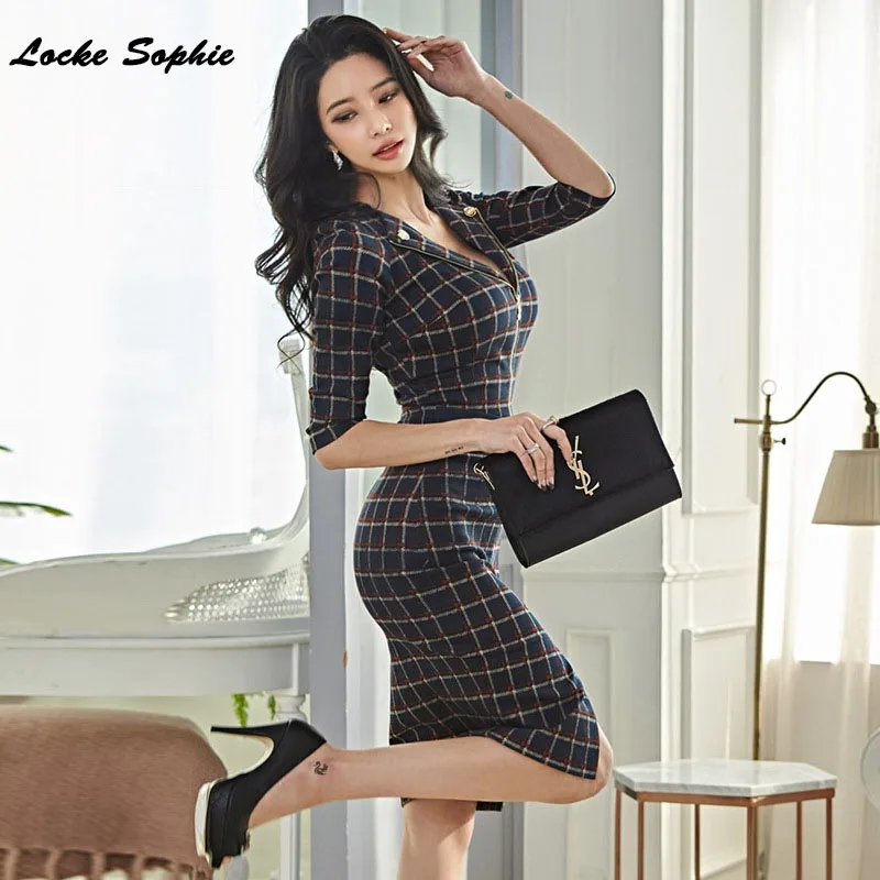 Черный High waist Ladies Plus size party dresses Autumn Cotton blend Splicing plaid zipper Sexy Dress womens Skinny Office Dress - Цвет: Черный
