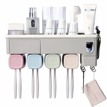 

New Toothbrush Holder Automatic Toothpaste Dispenser Wall Mount Toiletries Storage Rack With Cup Bathroom Accessories Set
