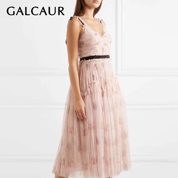 

GALCAUR Patchwork Mesh Party Dress Female Sling Off Shoulder V Neck Sleeveless High Waist Midi Dresses Women Clothes 2020 New