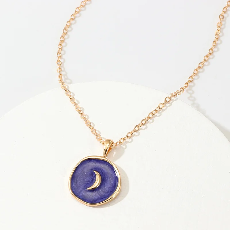 SRCOI простой Harajuku Милая Луна Звезда Сердце Эмаль ожерелье Корейская мода круглое сердце молния нежное ожерелье Новое - Окраска металла: Purple