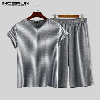 

Men Sleepwear Suits Summer V Neck Leisure Short Sleeve T Shirts Casual Shorts Men Striped Pajamas Sets Sleepclothes 5XL INCERUN