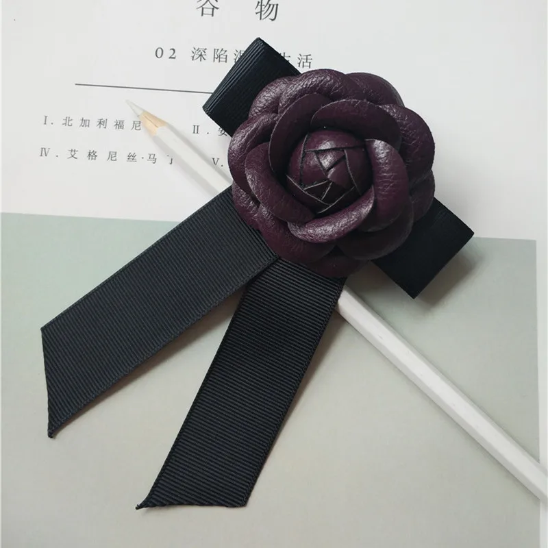 black bow purple Женская мода, высокое качество, натуральная кожа, цветок камелии, броши «бант», большой размер, лента, бант, брошь на булавке, 8 цветов - Окраска металла: black bow purple
