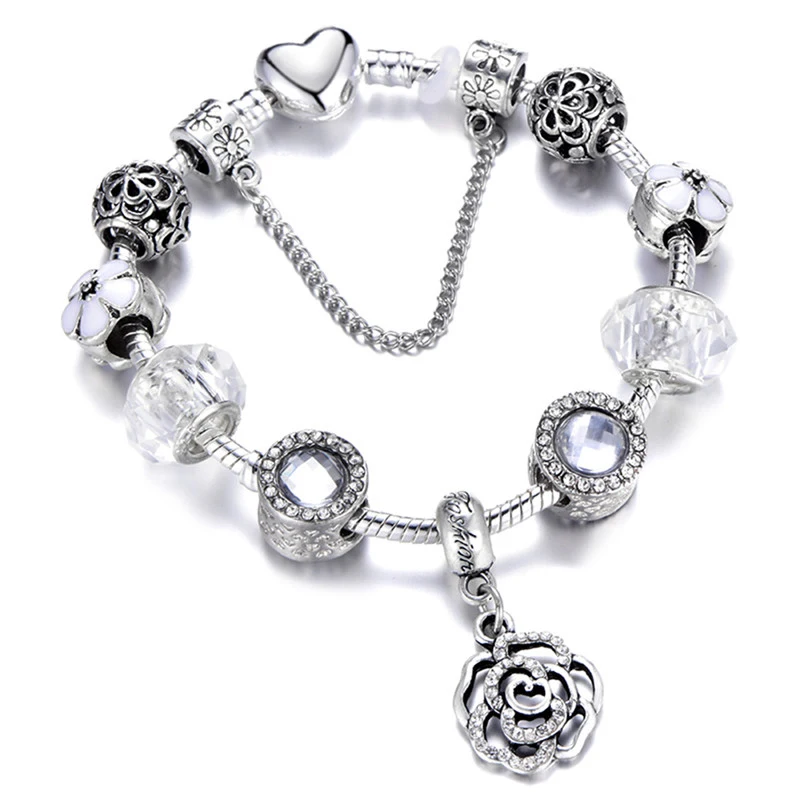 925 Модный серебряный браслет с шармами браслет для женщин Хрустальный цветок фея бисера подходит для девушек бренд браслеты ювелирные изделия - Окраска металла: SL-1001-10