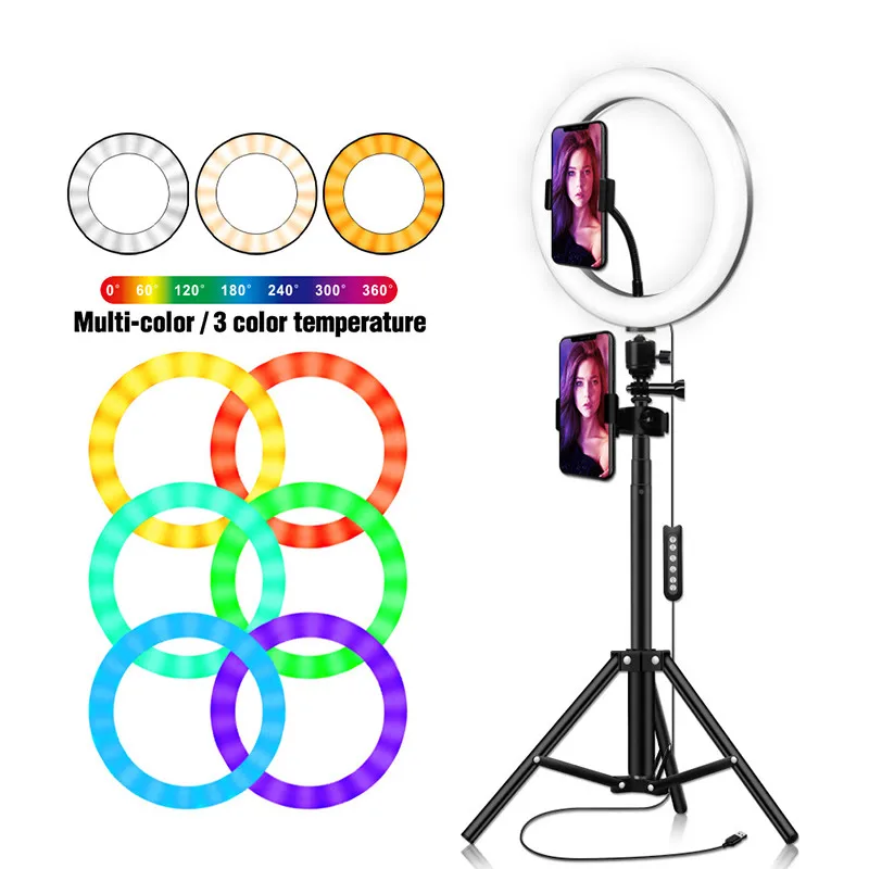 

RGB LED Ring Light Tripod Selfie LED Photography Lighting With Phone Tablet holder USB Plug for Studio YouTube Short Video Live