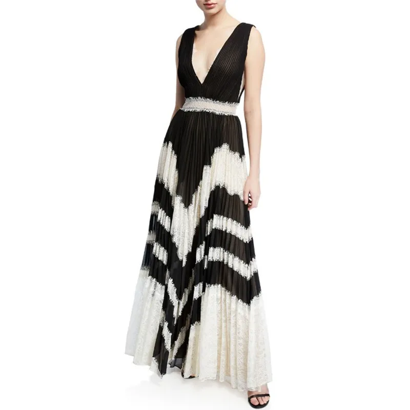 Sexy Diepe V-hals Hollow Out Lace Chiffon Lange Maxi Geplooide Jurk Vrouwen Mouwloze Zomer Dames Avond Landingsbaan Party Vestidos Sexy Diepe V-hals Hollow Out Lace Chiffon Lange Maxi Geplooide Jurk Vrouwen Mouwloze Zomer Dames Avond Landingsbaan Party Vestidos