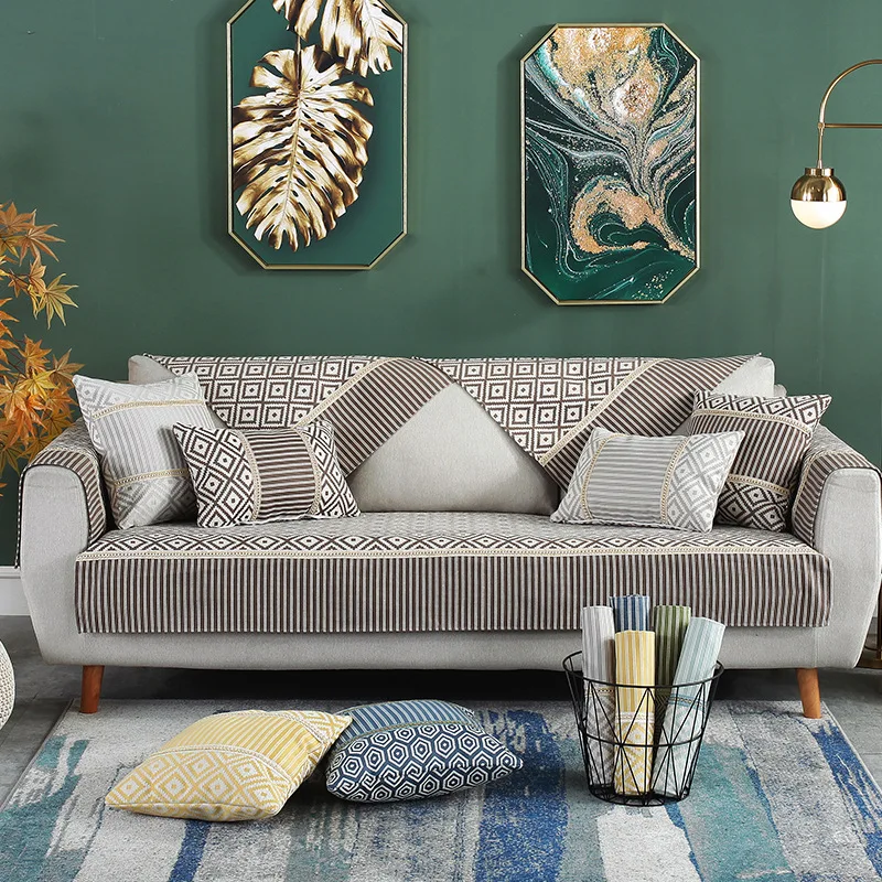 

Spring and Autumn Cotton Linen Sofa Cushion Stripe Antiskid Geometric Printing Simple Modern Sofa Towel Set