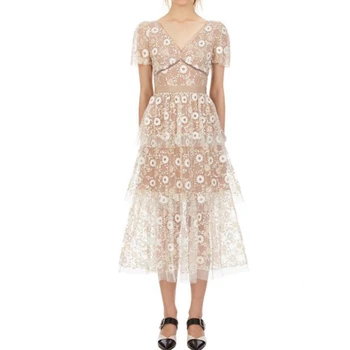 

woman mesh dress summer 2020 ladies elegant embroidered dresses midi vestidos