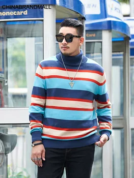 

super Brand Big size Men's Wear Plus Fat Plus Autumn high Collar Knitting Pullover Contrast Color Coat Men Sweater