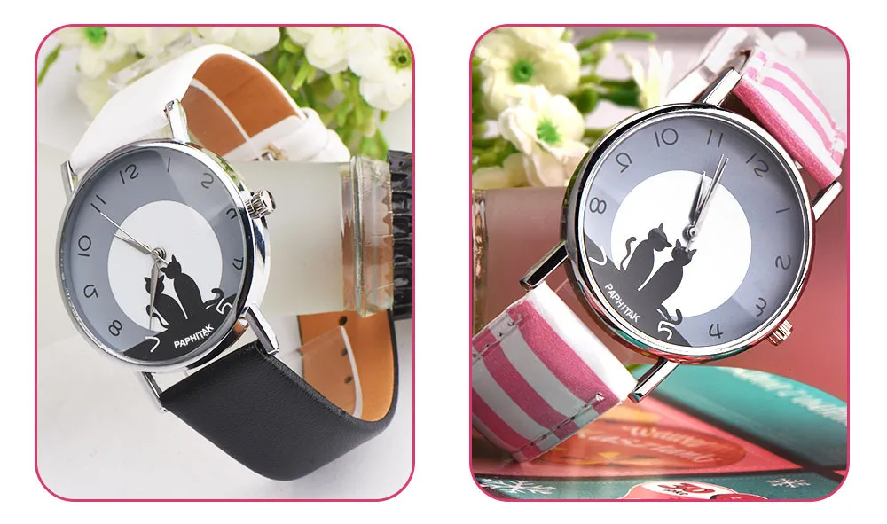 Женские часы с милым рисунком кота, женские Аналоговые кварцевые часы из искусственной кожи, reloj mujer, relogio feminino gato, женские часы