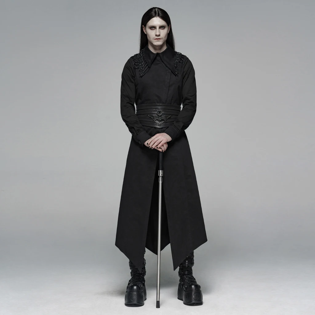 

PUNK RAVE Mens Gothic Dark Chinese Style Long Shirt Micro-elastic Twill Shirt Asymmetrical Collar Party Stageperformance Costume