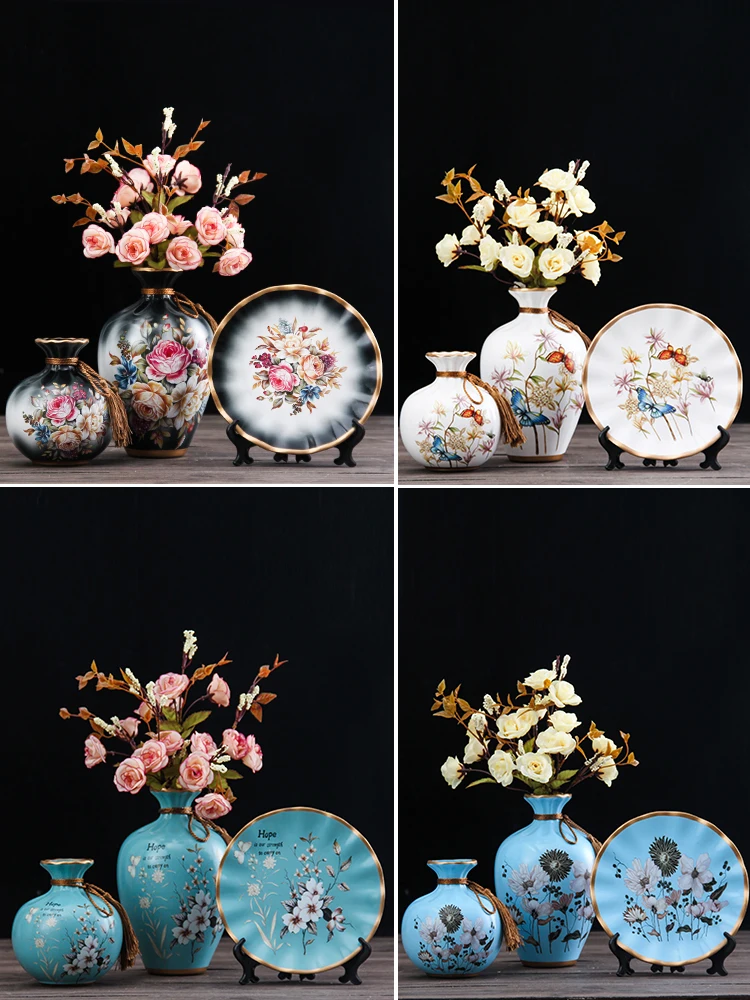 

European Ceramic Vase+Fake Flowers Plate set Decoration Livingroom Home Furnishing Ornaments Hotel Desktop Figurines Crafts Art