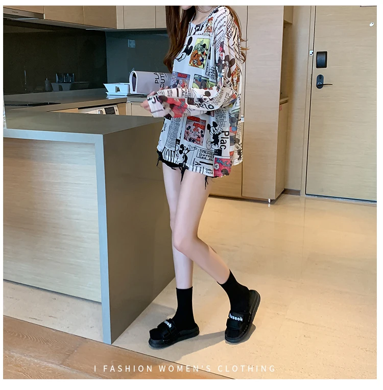 Disney 2021 Summer Famous Anime Mickey Mouse Brand Mesh Shirt Women Sun Protection Transparent Long Sleeve Blouse Ladies T-shirt