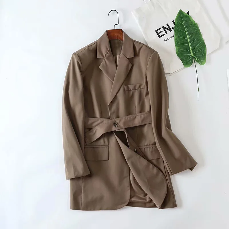 

F6617-Europe And America WOMEN'S Dress 2019 Spring And Autumn New Style Mid-length Adjustable Belt Suit Jacket Women's