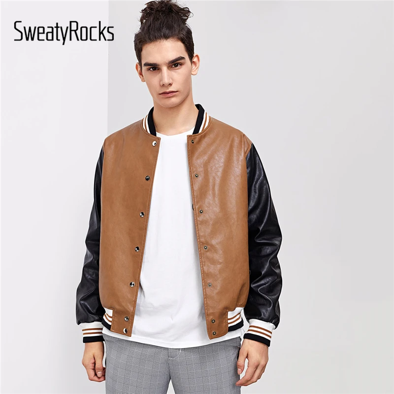 SweatyRocks мужская куртка-бомбер на кнопках из искусственной кожи уличная куртка в стиле колор блок однобортные повседневные элегантные куртки