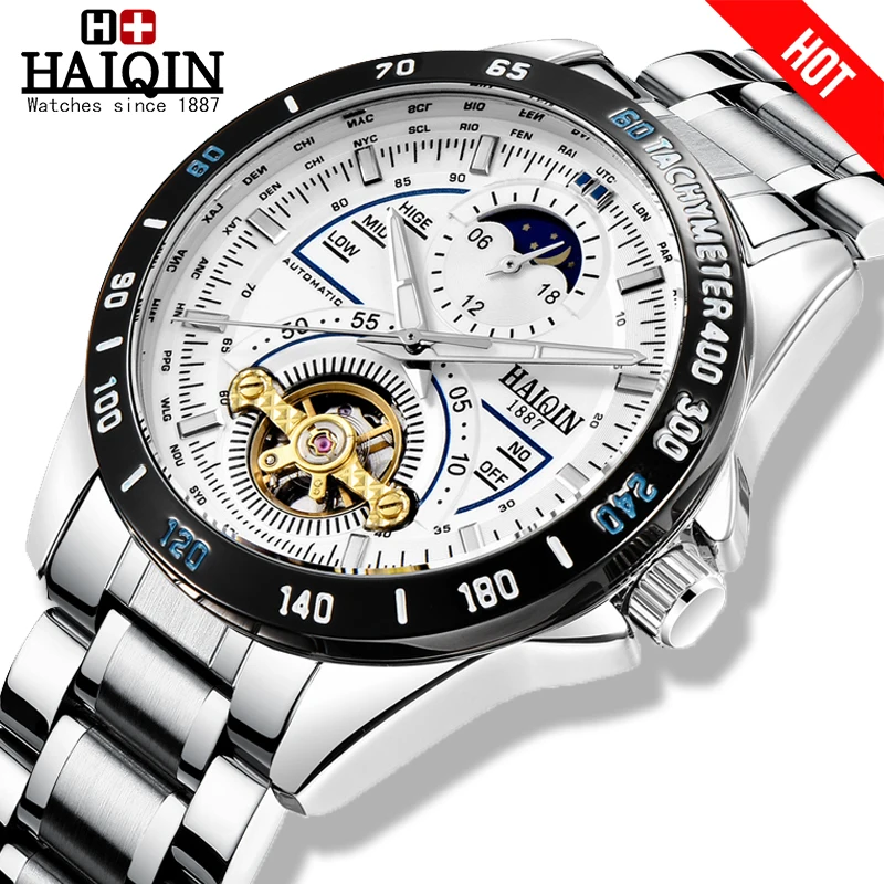 

HAIQIN Luxury watches mens automatic mechanical wristwatch mens top brand Military watch men steel Tourbillon reloj hombre 2019