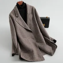 Женский 19FW двусторонний шерстяной твидовый блейзер с узором в елочку в полоску осенне-зимнее пальто куртка