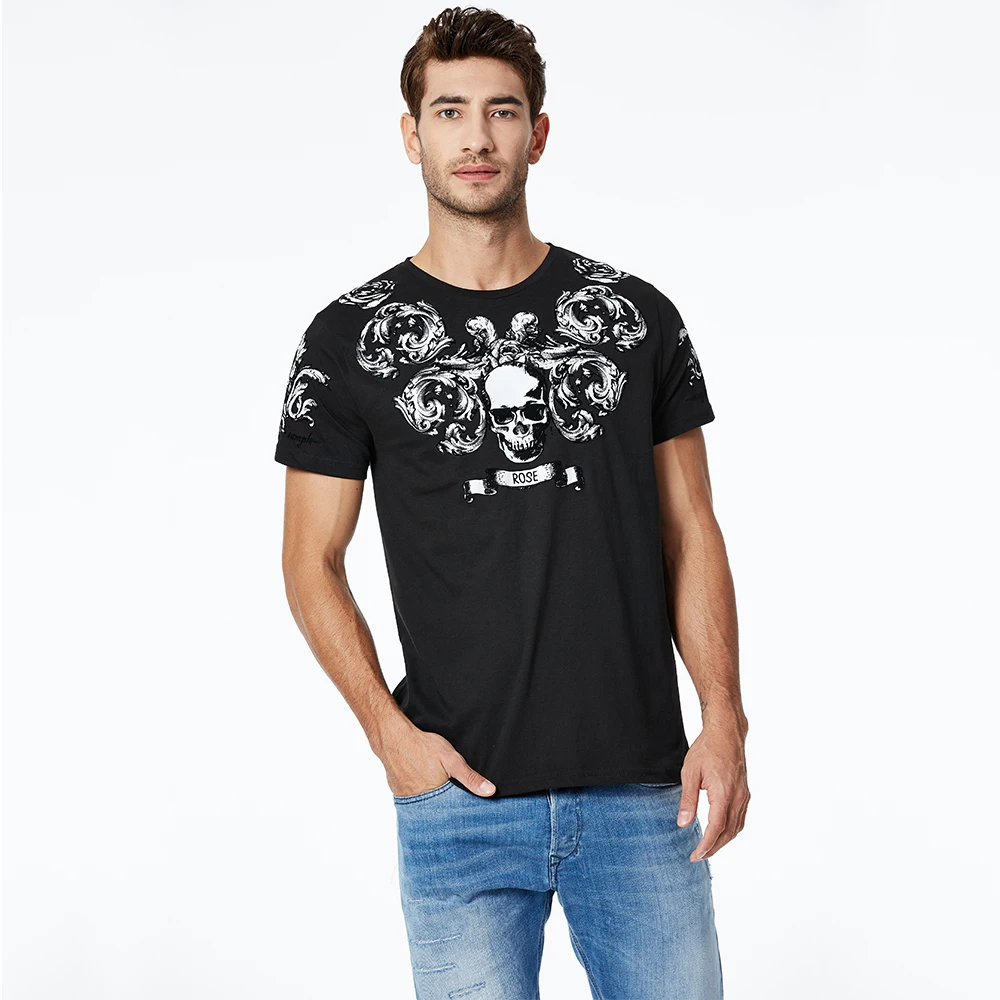 

Hight Quality Men T Shirts Fashion Skull Design Short Sleeve Casual Tops Hipster Flower Skull Rose Printed T-Shirt Cool Teess