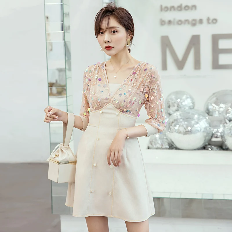 

YIGELILA Summer Colorful Elegant Empire Slim Dress V-neck Lace Dress Three Quarter Sleeves Above-knee Dress 65053