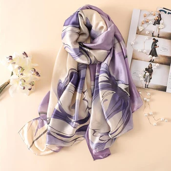

Fashion Hijab Print Scarf Shawls Women Silk Flower Scarves Cape Female Luxury Brand Ladies Stoles Purple Floral