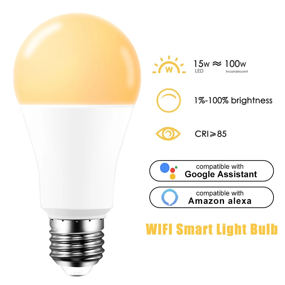 

E27 LED Bulb Smart WiFi Light 15W Light Bulb B22 E14 Dimmable Lamp Voice Control Bulb Compatible With Alexa Google Assistant