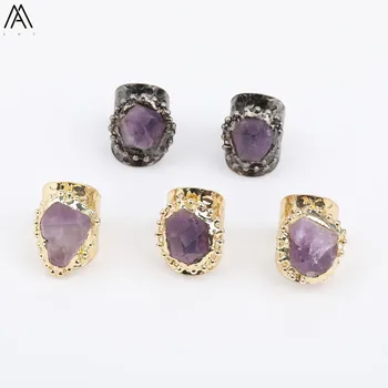 

Random Paved Rhinestone Natural Amethysts Quartz Gunmetal Open Rings,Irregular Purple Quartz Gold Rings Fine Jewelry YT-171AMAF
