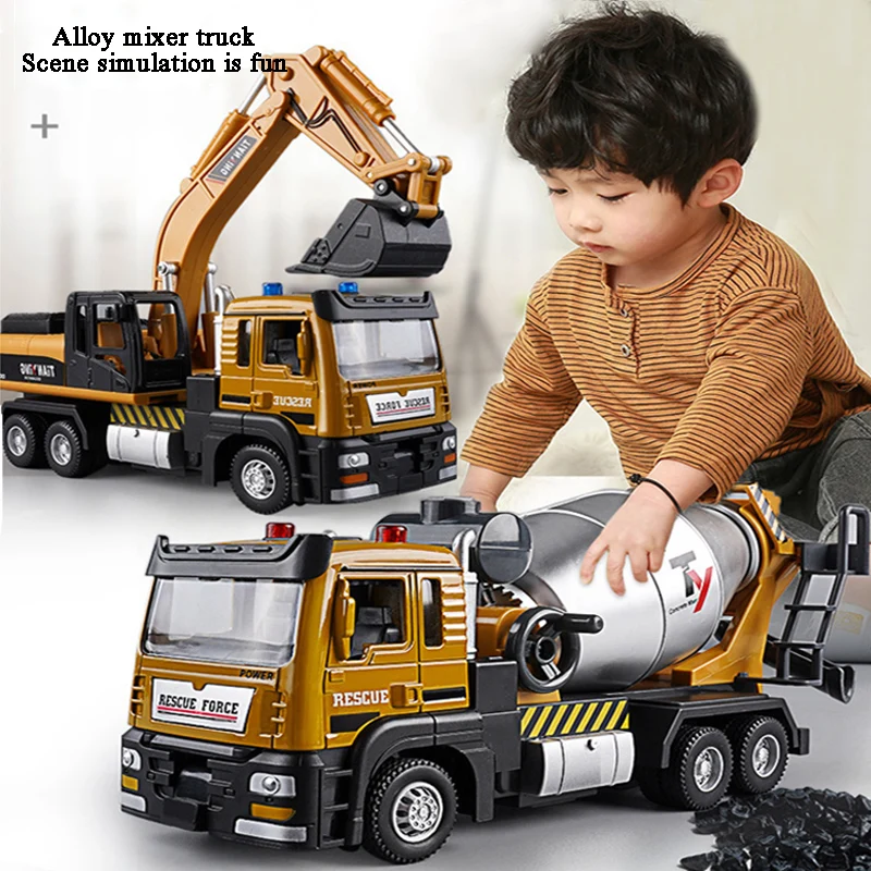 Children's alloy mixer truck toy car model large concrete cement truck excavator boy engineering vehicle model set gift 3 kinds excavator engineering trucks model 1 64 alloy diecast vehicle cement mixer transport truck collectible toy for boys y060