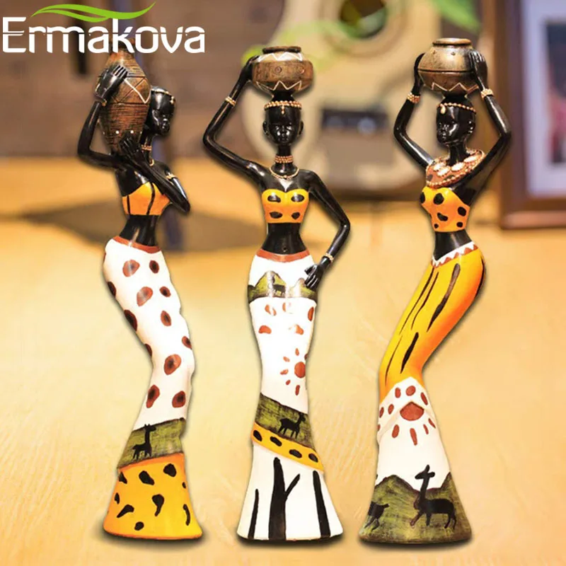 Online ERMAKOVA 3 teile satz Afrikanische Frau Skulptur Mädchen Harz Dame Figurine Statue Dekoration Sammlung Home Kunst Handwerk Geschenk