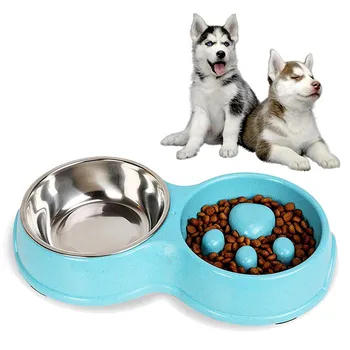 

Pets Dog Bowls Slow food Double Bowls Anti-choking Stainless Steel Bowl Cat Water Feeder Pet Products