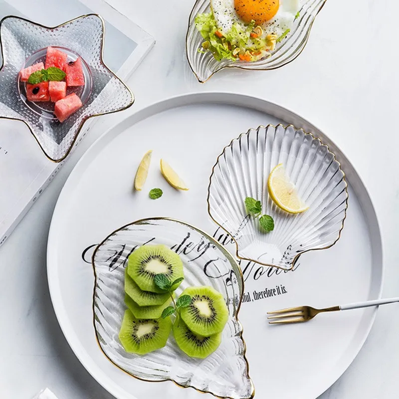 

CuteLife Glass Ocean Marine life Transparent Gold Plate Nordic Storage Tableware Set Dish Fruit Snacks Jewelry Cake Salad Plate