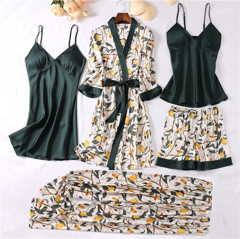 Women Robe Sets Sexy Sleepwear Satin Silky Nightwear Kimono Bathrobe Gown Print Flower Intimate Lingerie Loungewear women sleepwear bride robes silk robe sleepwear pajamas