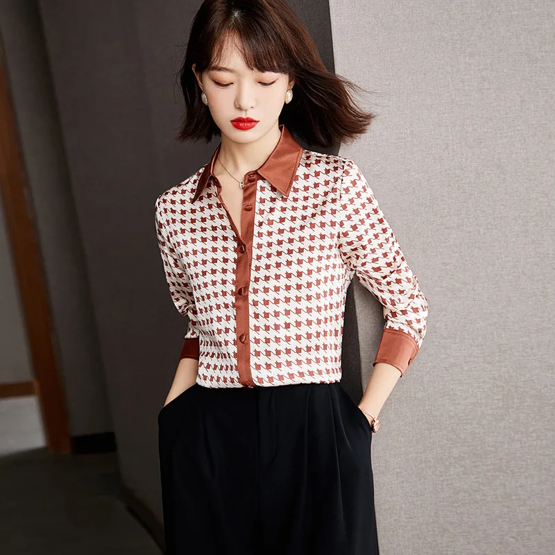 Women's Long Sleeve Silk Shirt, Elegant Lapel Contrast Check Printed Top, European and American Style, Light Luxury, New, Summer