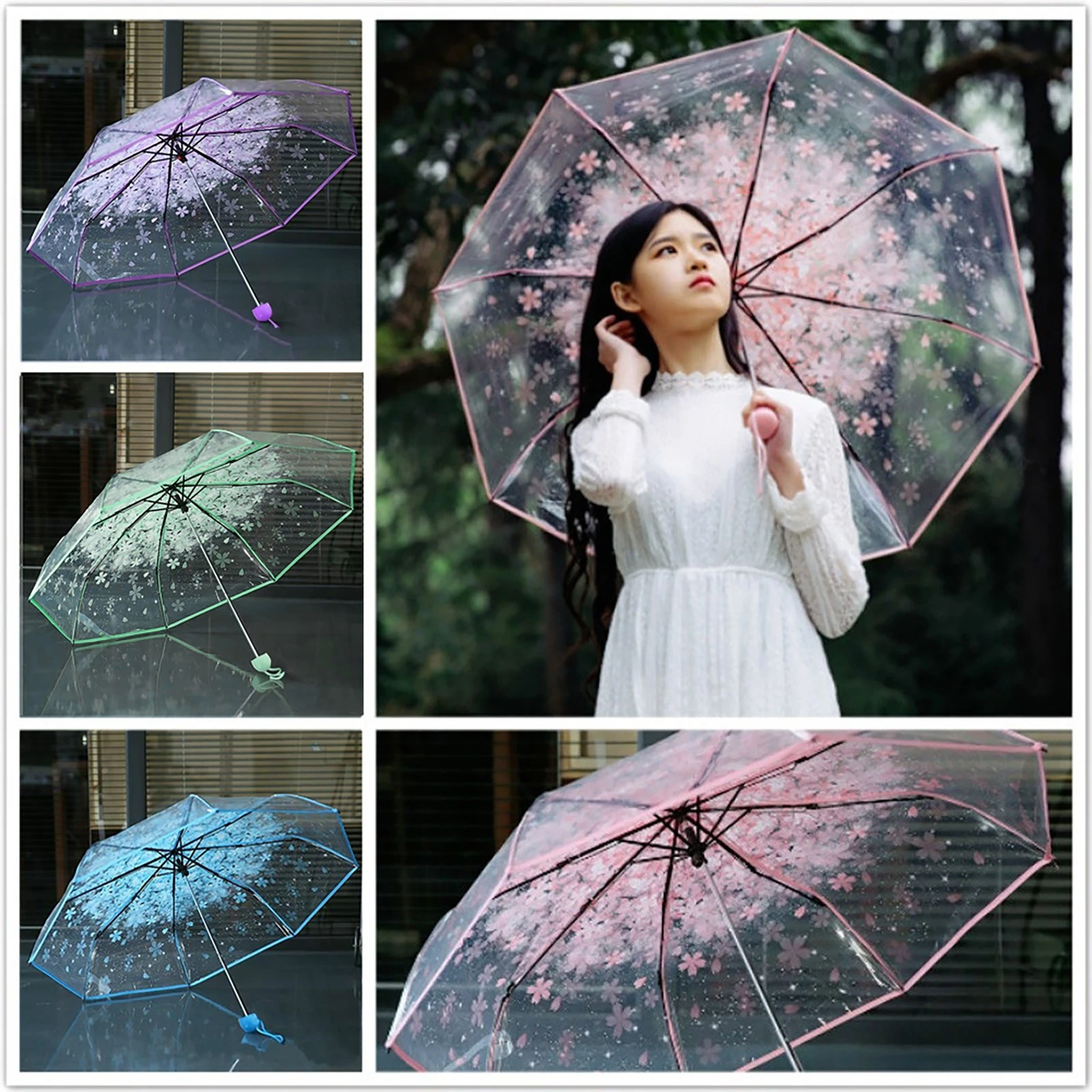 de lluvia para sombrilla transparente con estampado de flor de cerezo, seta, y Sakura, tres pliegues|Paraguas| - AliExpress
