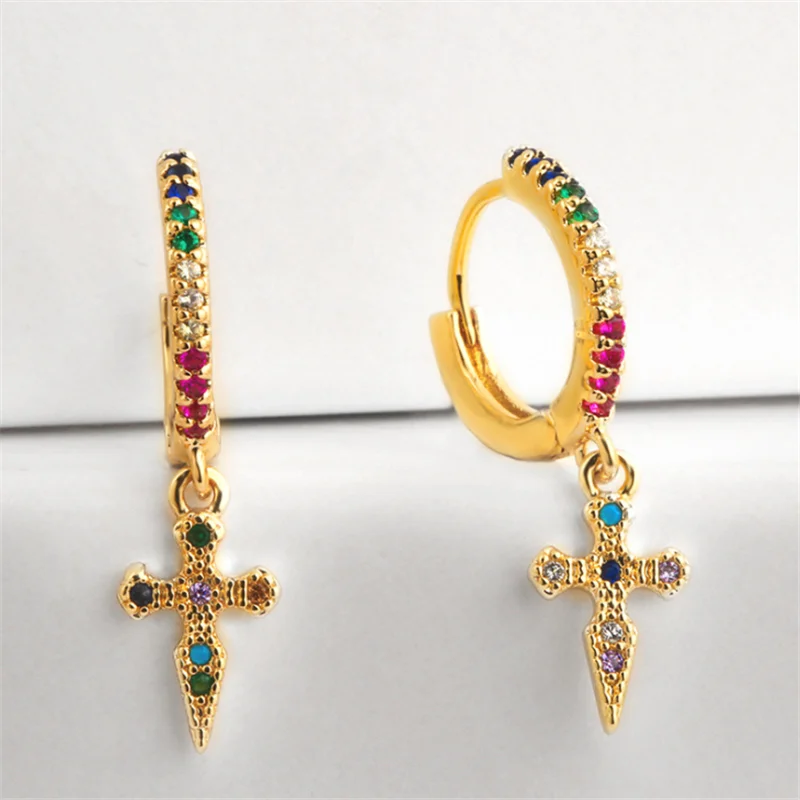 

Fashion Rainbow Gothic Cross Earrings Gold Tiny Stud Bar Earrings Jewelry Woman Cheap Stud Earrings Aretes De Moda Huggie