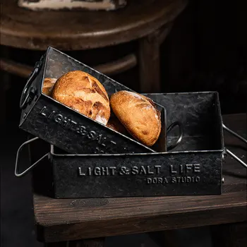 

Vintage Old Wrought Handle English Serving Trays Retro Metal Storage Sundries Tray Breakfast Bread Cake Plate Rectangular Box