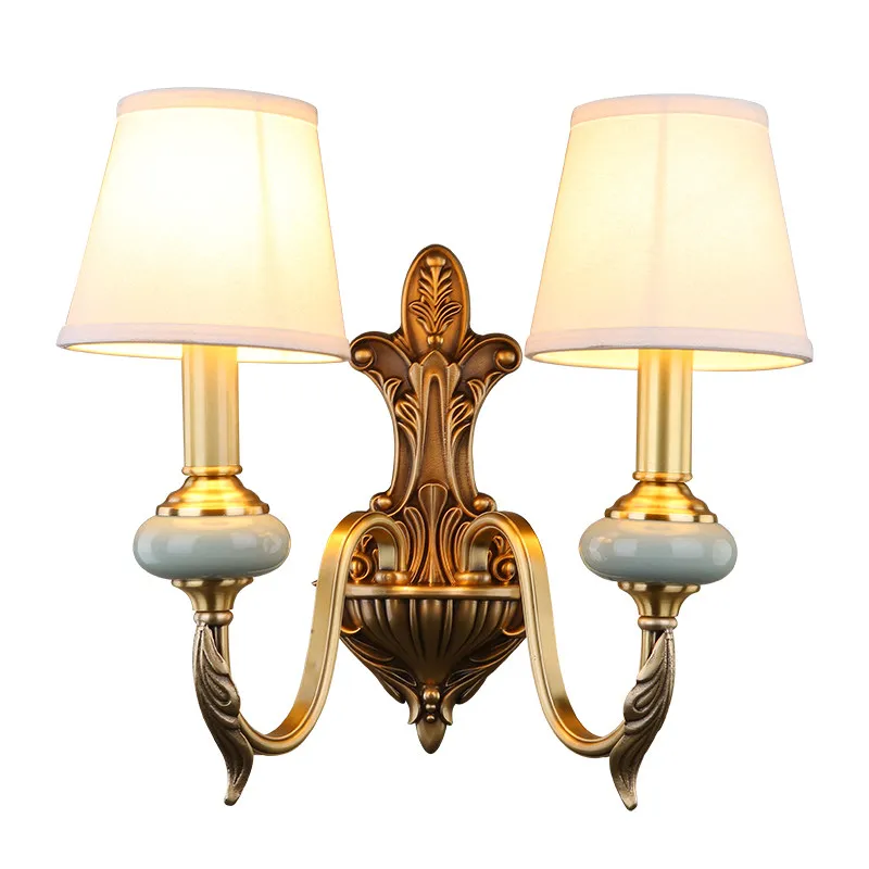 

European Style Full Copper Wall Lamp 2 Arm Fabric lampshade Creamic body Corridor Reading Bedroom Bedside Lighting Corridor Lamp