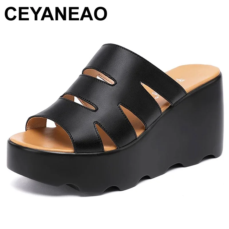 

CEYANEAO Plus SIze Wavy Heel Platform SLippers Women Shoes 2021 Summer Open Head High Heels Wedges Slippers Ladies Slides