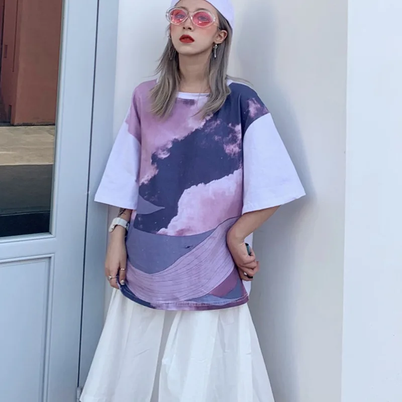 

Fashion Personality Loose Style Mid-sleeves O-Neck T-shirt Novel Beautiful All-match Tie-dyed Women's T-shirt