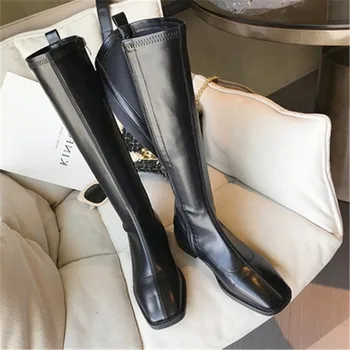 

Knee High Boots Female Shoes Square Chaussures Femme Fashion Women Boots Low Heels Scarpe Donna Soft Leather Zipper Botas