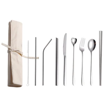 

8 Pieces of Tableware Stainless Steel Cutlery Spoon Chopsticks Straw Wild Tableware Travel Portable Set