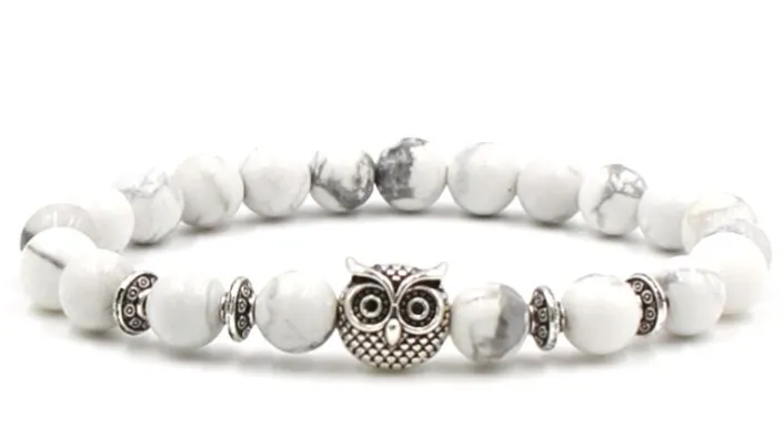 

8mm xg35 owl Reiki Chakra Bracelet white Howlite Buddha Yoga stone bead essential oils diffuser Bangles Fashion