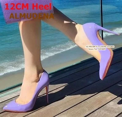 ALMUDENA/фиолетовые туфли-лодочки из лакированной кожи с острым носком свадебные туфли без застежки с закрытым носком 12 см вечерние туфли на высоком каблуке 10 см, 8 см туфли-лодочки, размер 45 - Цвет: 12cm heel purple