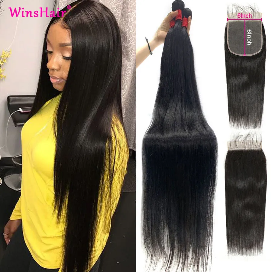Winshair 30 pulgadas recto mechones con cierre 6x6 de cierre de encaje y mechones Remy brasileño 100% extensiones de cabello humano mechones con cierre