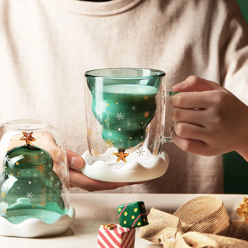 

Doublelayer Glass Coffee Cup Starry Sky Christmas Tree Anti-Scald Mug With Lid High Temperature Resistant Cute Kitchen Tableware