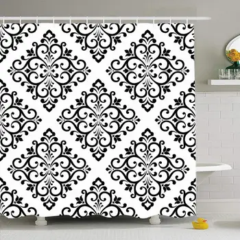 

Shower Curtain Set with Hooks 72x78 Foliage Ornament Rococo Backdrop Retro Damask Wrapping Tile Black Abstract Textile Floral