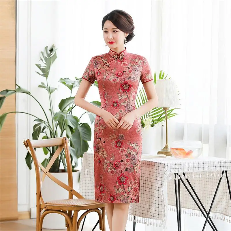 

Elegant Retro Dressing Women Chinese Handmade Button Traditional Knee Length Cheongsam Printing Cheongsam Plus Size M-5XL
