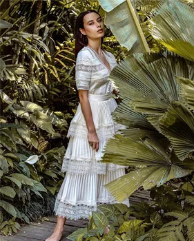 

New HIgh Quality Autumn Maxi Ladies Dress Elagant Long Party White Lace Cake Dress A-Line Slim Maxi Ruffles Dress Women