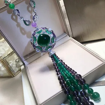 

High Quality Luxury 925 Sterling Silver Green and Purple Cubic Zirconia Flower Long Tassel Beads Necklace Women Banquet Jewelry