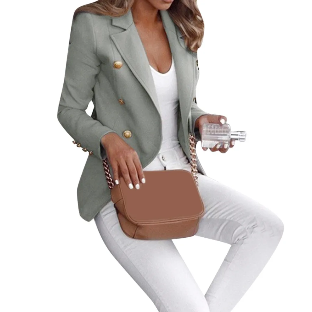 SAGACE винтажный двубортный офисный Женский блейзер с длинным рукавом, свободный костюм, пальто, куртка, женские блейзеры, Женский - Цвет: Серый